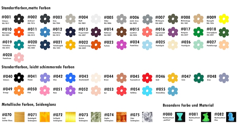 May include: A chart of color swatches with numbers and names for each color. The colors are organized into three categories: Standard Colors, Matte Colors, Standard Colors, Slightly Shimmering Colors, and Metallic Colors, Silk Sheen. The chart includes a variety of colors, including black, white, gray, red, orange, yellow, green, blue, purple, brown, and pink.