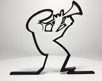 May include: A black, minimalist sculpture of a musician playing a trumpet. The figure is depicted with bold, continuous lines, creating a modern and artistic representation of a jazz musician. The sculpture is set against a white background.
