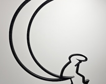 May include: Black metal wall art depicting a person sitting on a crescent moon. The artwork is a minimalist design with a textured finish, suitable for home decor. The figure is outlined, adding a modern touch.