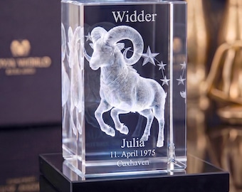 Personalisiertes K9 Kristallglas Sternzeichen. Edler Glasquader als Geschenk zum Geburtstag & Jahrestag. Individuell mit Namen und Datum.