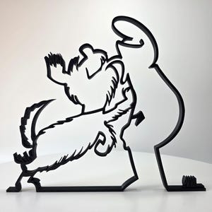 May include: A black, flat, two-dimensional wall art piece featuring a continuous line silhouette of a person standing and interacting with a small, furry dog that is jumping up with its front paws raised toward the person's outstretched hand.