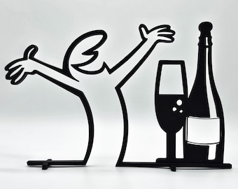 May include: Black metal silhouette of a person with arms outstretched holding a glass of wine and a bottle of champagne.