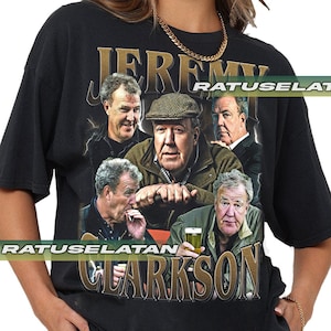 May include: Black t-shirt with a graphic print of four men. The men are wearing different clothing and have different hairstyles. The text "Jeremy Clarkson" is printed in large letters across the bottom of the shirt.