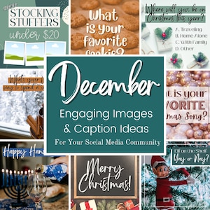 Puede incluir: Un collage de imágenes con superposiciones de texto para publicaciones en redes sociales de diciembre. Las imágenes incluyen una ventana nevada, galletas en una bandeja para hornear, regalos envueltos, una menorá con velas, una copa de vino, una pizarra con el texto "¡Feliz Navidad!" y un duende en un estante. Las superposiciones de texto incluyen "Regalos de Navidad por menos de $ 20", "¿Cuál es tu galleta favorita?", "¿Dónde estarás en Navidad este año?", "¿Cuál es tu forma favorita de pasar un día nevado?", "Feliz Janucá", "Diciembre Imágenes y ideas de leyendas atractivas para tu comunidad en redes sociales", "¿Cuál es tu canción navideña favorita?", "Elfo en el estante Sí o No?"