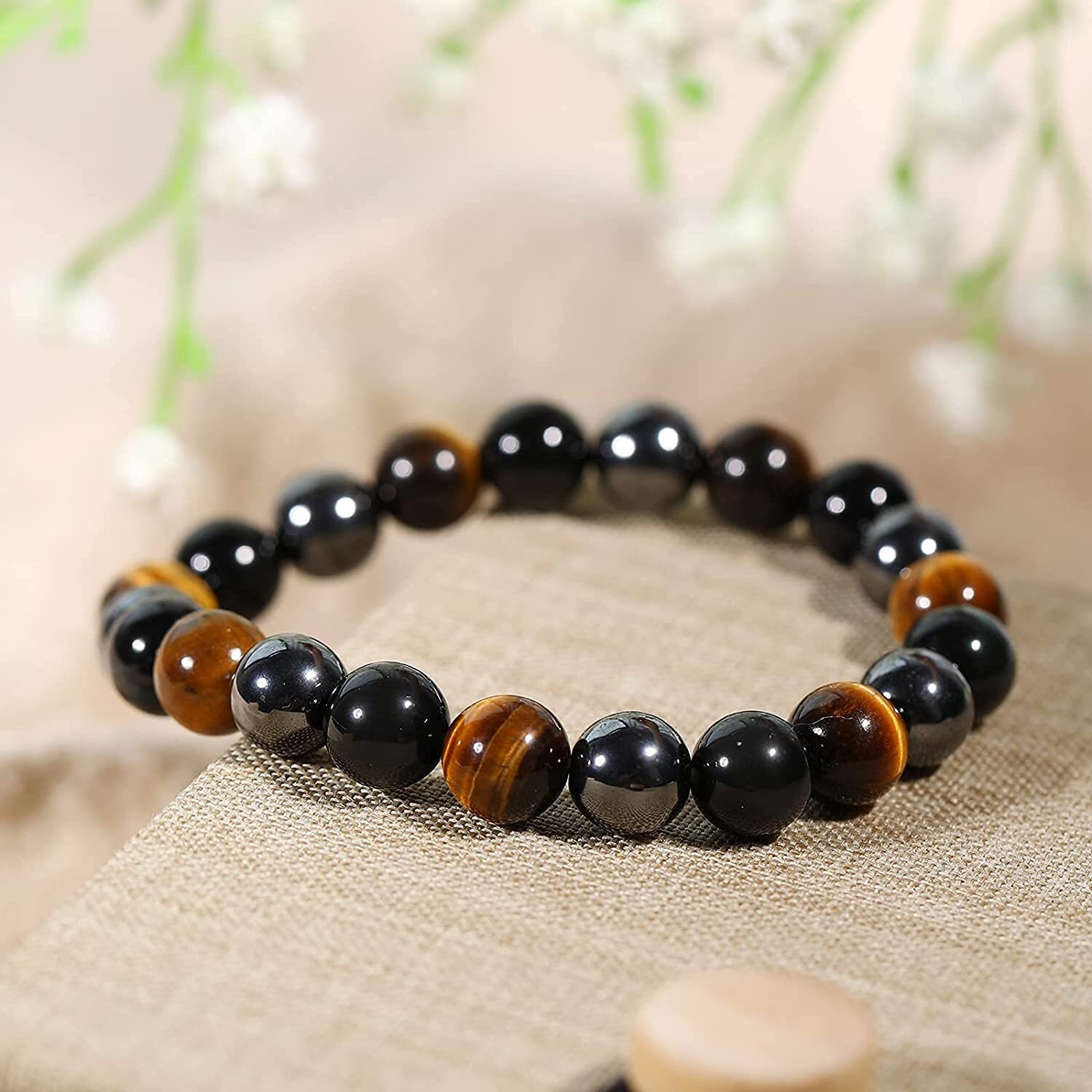 Beaded Bracelet 10mm Size For Men And Women – Bringer Of Good Luck Triple Protection Bracelet Happiness – Tiger Eye – Black Obsidian – Hematite By Neicoo – 7A Premium Natural Stones Protection 