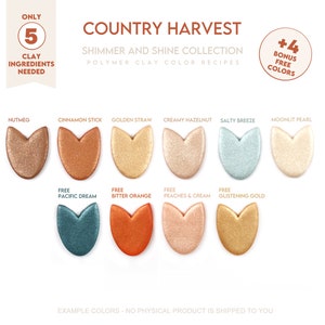 May include: A collection of 9 polymer clay color recipes with shimmer and shine. The colors are: Nutmeg, Cinnamon Stick, Golden Straw, Creamy Hazelnut, Salty Breeze, Moonlit Pearl, Pacific Dream, Bitter Orange, Peaches & Cream, and Glistening Gold.  The image shows examples of the colors.