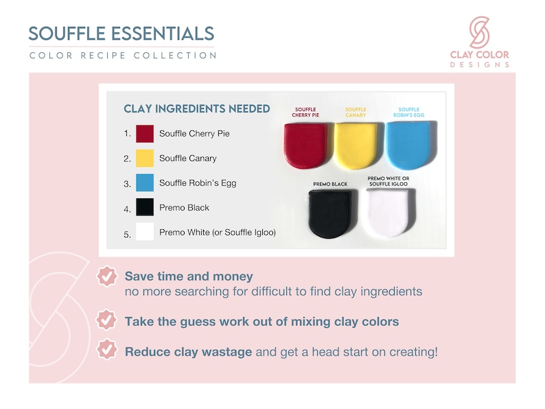Clay Ingredients needed to make all the Colors. Souffle Cherry Pie, Souffle Canary, Souffle Robin's Egg, Premo Black and Premo White or Souffle Igloo. Text displaying benefits of color recipes. Save time and money, Reduce clay waste.
