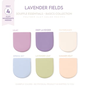 May include: A collection of six polymer clay color recipes for lavender fields, including Lilac, Deep Lavender, Daydreamer, Spring Sky, Lavender Leaf, and Summer Heat. Only four clay ingredients are needed to create these colors.