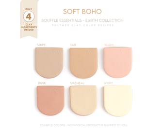 May include: A digital guide titled SOFT BOHO SOUFFLE ESSENTIALS - EARTH COLLECTION featuring six semi-circular polymer clay color samples labeled Taupe, Tan, Blush, Dusk, Oatmeal, and Ivory. Each sample is embossed with the letters CCD.