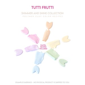 Puede incluir: Una colecci&oacute;n de recetas de colores de arcilla polim&eacute;rica llamada "Tutti Frutti: Shimmer and Shine Collection". La imagen muestra ocho colores pastel diferentes de arcilla polim&eacute;rica en forma de flor.