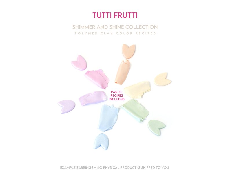 Puede incluir: Una colecci&oacute;n de recetas de colores de arcilla polim&eacute;rica llamada "Tutti Frutti: Shimmer and Shine Collection". La imagen muestra ocho colores pastel diferentes de arcilla polim&eacute;rica en forma de flor.