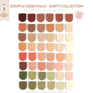 以下が含まれることがあります： SOUFFLE ESSENTIALS - EARTH COLLECTION POLYMER CLAY COLOR RECIPESと題されたカラーチャート。ダークブラウンやオリーブグリーンからクリームやピーチまで、様々なアースカラーの半円形ポリマークレイサンプルが42個、グリッド状に並んでいます。