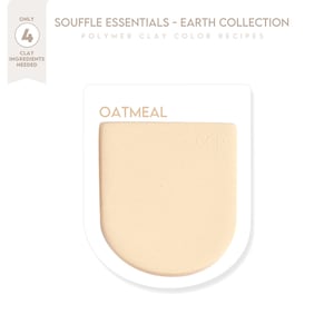 May include: A small, white container with the word "OATMEAL" printed on it. The container is filled with a light beige polymer clay. The container is part of a set of polymer clay colours called "SOUFFLE ESSENTIALS - EARTH COLLECTION".