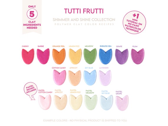 Polymer Clay Color Recipe - Tutti Frutti - Cernit Pearl and Cernit Metallic Rainbow Clay Color Mixing Guide. Rainbow Clay Color Recipe