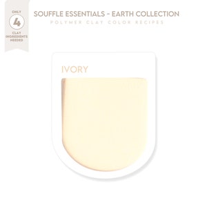 Puede incluir: Una tarjeta de receta de color de arcilla polimérica blanca con el título "SOUFFLE ESSENTIALS - EARTH COLLECTION" y el nombre del color "IVORY". La tarjeta muestra una muestra del color marfil.