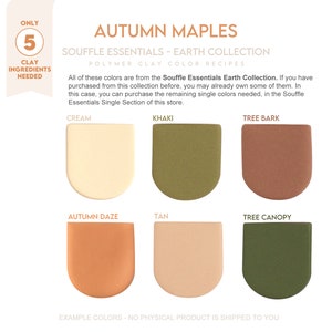 Peut inclure: Une collection de couleurs d'argile polymère inspirées par les feuilles d'automne. Les couleurs comprennent crème, kaki, écorce d'arbre, brume d'automne, beige et canopée d'arbre. Souffle Essentials - Collection Terre. Recettes de couleurs d'argile polymère.