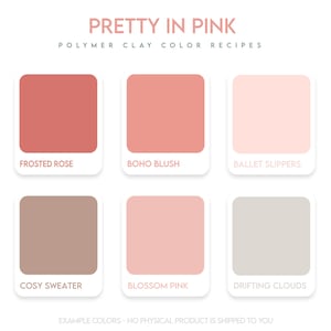May include: A chart with six color swatches showing different shades of pink and brown. The colors are labeled "Frosted Rose", "Boho Blush", "Ballet Slippers", "Cozy Sweater", "Blossom Pink", and "Drifting Clouds". The text "Pretty in Pink Polymer Clay Color Recipes" is at the top of the chart. The text "Example Colors - No Physical Product is Shipped to You" is at the bottom of the chart.