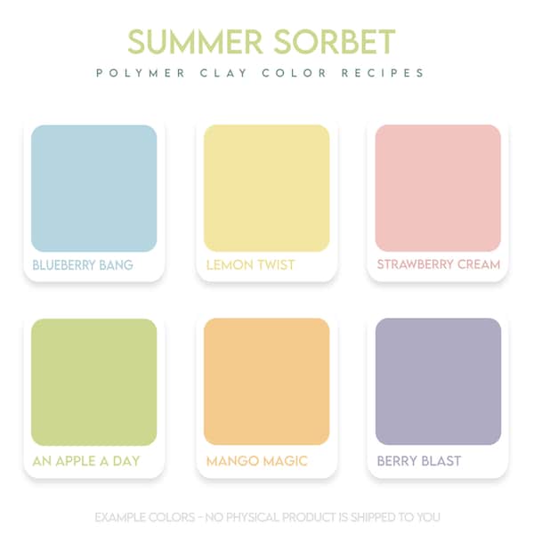 Polymer Clay Color Recipe - Summer Sorbet - Sculpey Souffle and Premo Clay Color Mixing Guide. Valentines clay, Pastel Spring, rainbow clay