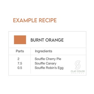 Example Color Recipe for Burnt Orange. Shows parts and ingredients list. 2 Souffle Cherry Pie, 7.5 Souffle Canary, 0.5 Souffle Robin's Egg