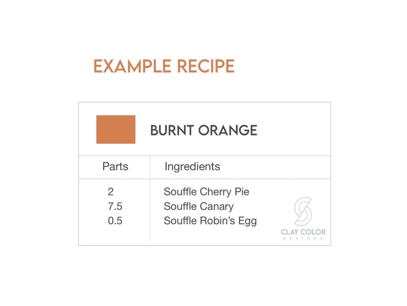 Example Color Recipe for Burnt Orange. Shows parts and ingredients list. 2 Souffle Cherry Pie, 7.5 Souffle Canary, 0.5 Souffle Robin's Egg