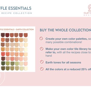 Image Displaying the whole Souffle Essentials 48 color collection 48 Polymer Clay Earth Color tiles layed out. Only 5 Clay Ingredients needed to make all the colors in the collection. Benefits of whole collection, create your own color palette.