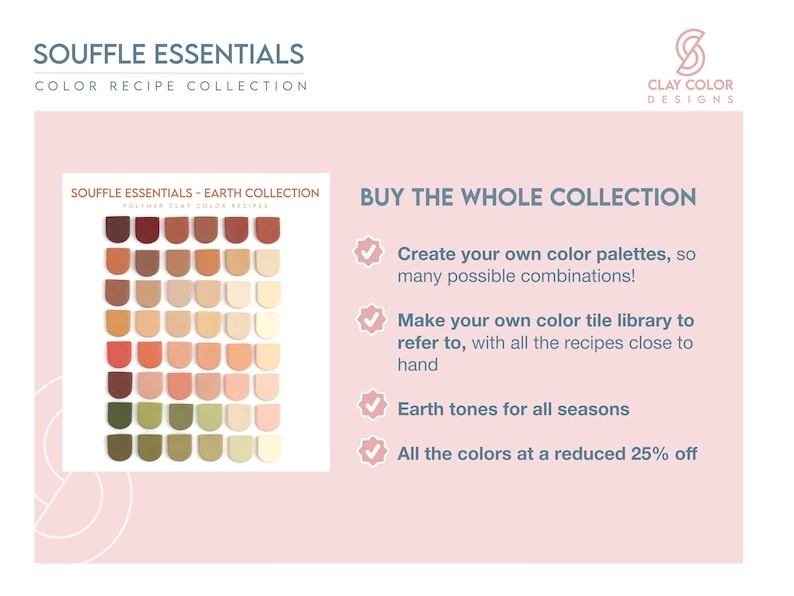 Image Displaying the whole Souffle Essentials 48 color collection 48 Polymer Clay Earth Color tiles layed out. Only 5 Clay Ingredients needed to make all the colors in the collection. Benefits of whole collection, create your own color palette.