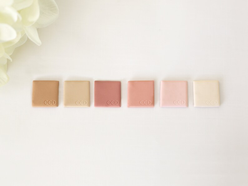May include: Six small square samples of clay in various shades of beige and pink. Each sample has the letters "CCD" embossed on the surface.