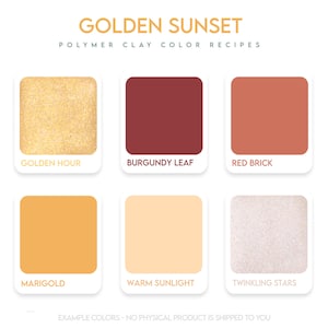 Polymer Clay Color Recipe - Golden Sunset - Sculpey Souffle & Premo Clay Color Mixing Guide. Fall clay colors. Autumn clay colour recipes