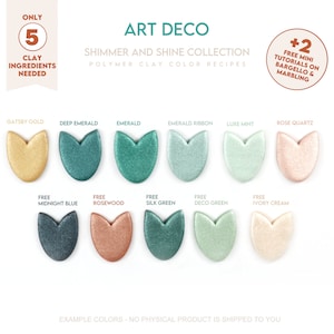 Recept för färg av polymerlera - Art Deco - Guide till blandning av Cernit Pearl och Cernit Metallic Art Deco-lerafärg. Recept för färg av glitter smaragdlera