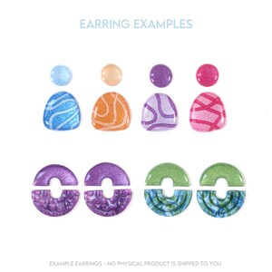 Puede incluir: Ejemplos de pendientes de varios colores y patrones. Los pendientes tienen forma de c&iacute;rculo, semic&iacute;rculo y persona. Los pendientes est&aacute;n hechos de resina y tienen un acabado brillante.