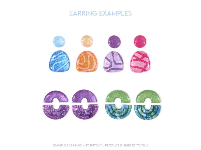 Puede incluir: Ejemplos de pendientes de varios colores y patrones. Los pendientes tienen forma de c&iacute;rculo, semic&iacute;rculo y persona. Los pendientes est&aacute;n hechos de resina y tienen un acabado brillante.
