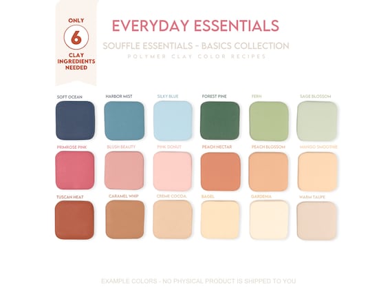 Polymer Clay Color Recipe - Everyday Essentials - Beginners Polymer Clay Color Recipe. Sculpey Souffle & Premo Clay Color Mixing Guide.