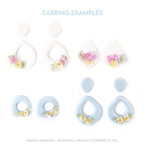 Puede incluir: Dos pares de pendientes con dise&ntilde;os florales. Un par es blanco con flores rosas y amarillas, el otro es azul claro con flores amarillas.  EARRING EXAMPLES est&aacute; escrito en la parte superior de la imagen. EXAMPLE EARRINGS - NO PHYSICAL PRODUCT IS SHIPPED TO YOU est&aacute; escrito en la parte inferior de la imagen.