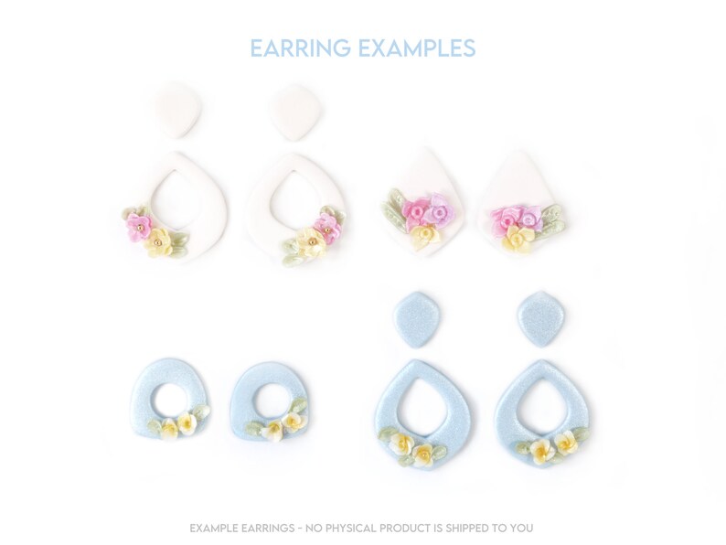 Puede incluir: Dos pares de pendientes con dise&ntilde;os florales. Un par es blanco con flores rosas y amarillas, el otro es azul claro con flores amarillas.  EARRING EXAMPLES est&aacute; escrito en la parte superior de la imagen. EXAMPLE EARRINGS - NO PHYSICAL PRODUCT IS SHIPPED TO YOU est&aacute; escrito en la parte inferior de la imagen.