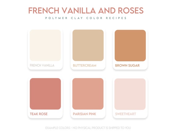Polymer Clay Color Recipe - French Vanilla and Roses - Sculpey Souffle and Premo Clay Color Mixing Guide. Valentine clay colour recipe.