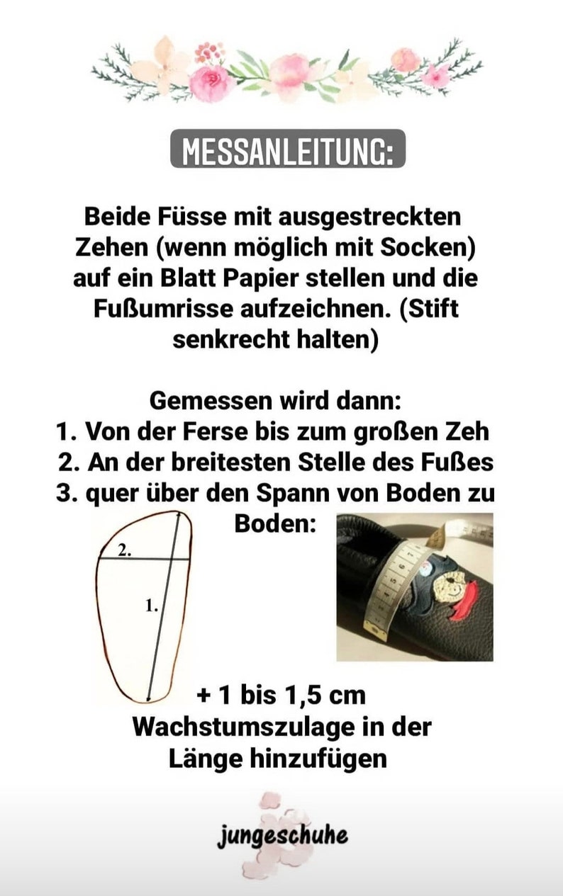 Pu&ograve; includere: Un diagramma che mostra come misurare un piede per le scarpe. Le istruzioni sono in tedesco e includono l'aggiunta di 1-1,5 cm per la crescita. Il diagramma mostra un contorno del piede con due misure contrassegnate 1 e 2. Una foto mostra un piede che viene misurato con un metro a nastro.