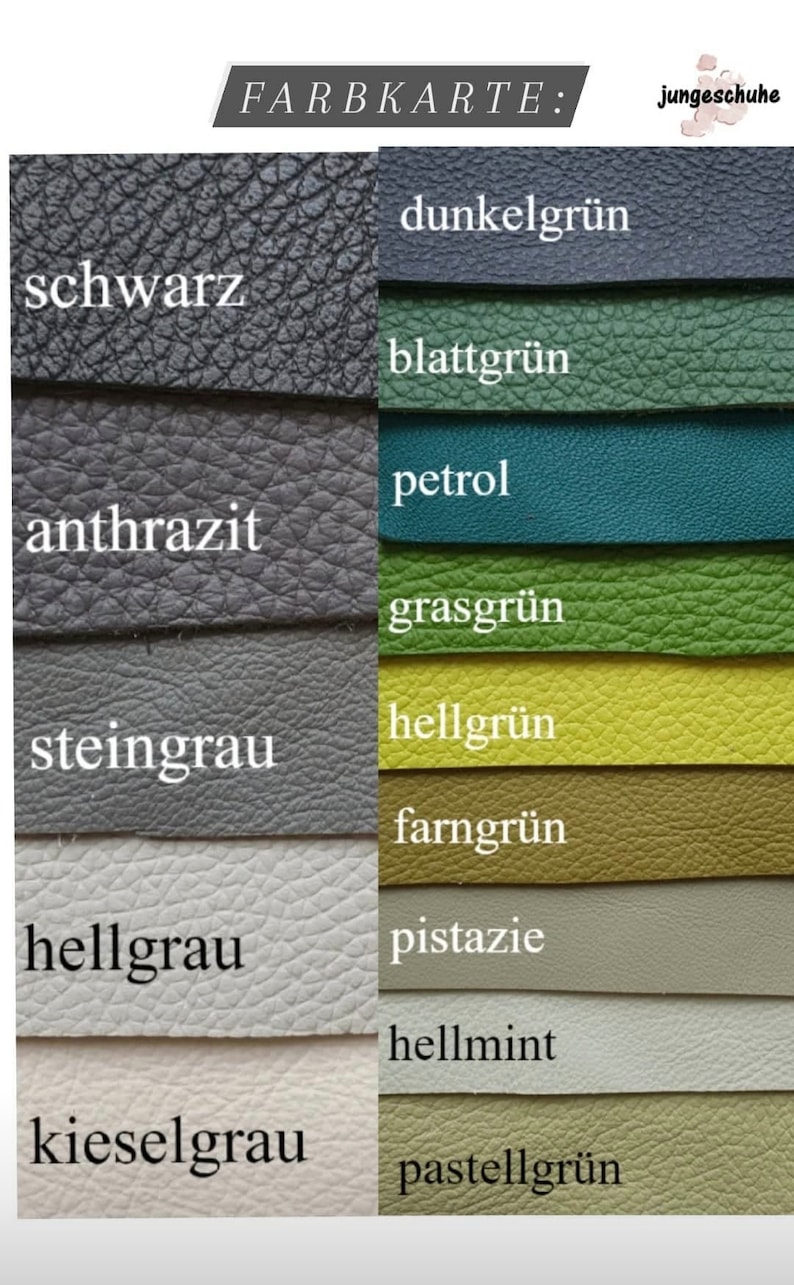 Pu&ograve; includere: Carta dei colori che mostra 10 diverse tonalit&agrave; di verde, dal verde scuro al verde pastello, con i nomi tedeschi corrispondenti. La carta include anche 5 tonalit&agrave; di grigio, dal nero al grigio chiaro, con i nomi tedeschi corrispondenti.
