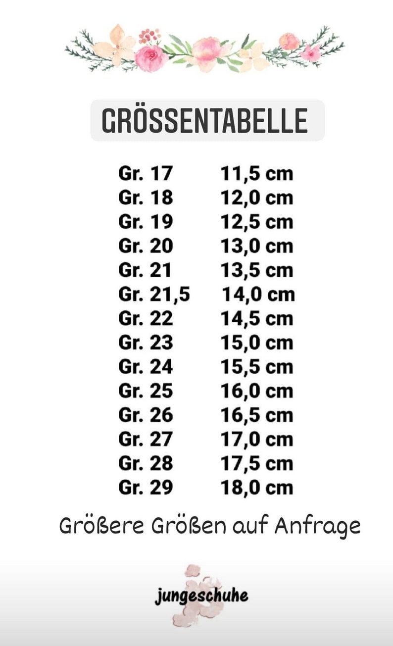 Pu&ograve; includere: Una tabella delle taglie per scarpe da bambino, che mostra le taglie delle scarpe in taglie europee (Gr.) e le misure corrispondenti in centimetri. La tabella va dalla taglia 17 alla 29.