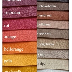 Pu&ograve; includere: Tabella colori che mostra 12 diversi colori di pelle, tra cui bordeaux, rotbraun, rot, arancione, hellorange, gelb, maisgelb, senfgelb, dunkelbraun, schokobraun, nussbraun, hellbraun, cappuccino, beigebraun, sabbia, beige, crema e bianco.