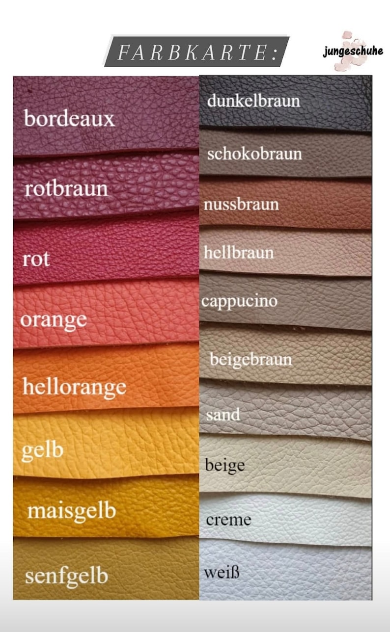 Pu&ograve; includere: Tabella colori che mostra 12 diversi colori di pelle, tra cui bordeaux, rotbraun, rot, arancione, hellorange, gelb, maisgelb, senfgelb, dunkelbraun, schokobraun, nussbraun, hellbraun, cappuccino, beigebraun, sabbia, beige, crema e bianco.