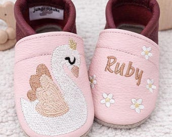 Swan leather baby shoes with name – personalized crawling shoes for babies – loving baby gift for birth or christening
