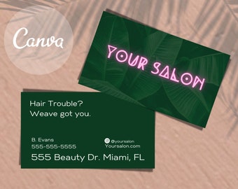 Hair Salon Business Card Template | Palm Print Biz Card | Salon Business Card | Custom Hair Salon Business Card| Neon Pink | Palm Leaf Print