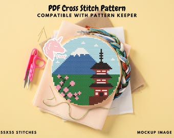 Mt Fuji Cross Stitch Pattern, Japanese Pagoda and Cherry Blossoms Embroidery Design, Modern Cross Stitch, Travel Gift, Mount Fuji