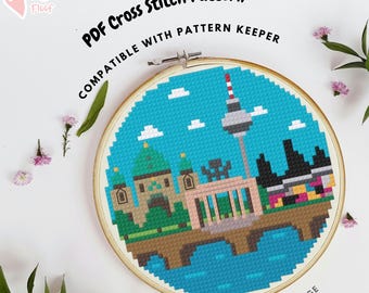 Berlin Cross Stitch Pattern, Berlin Embroidery Pattern, Germany Cross Stitch, Travel DIY, Brandenburg Gate, East Side Gallery