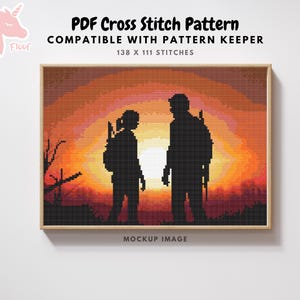 May include: Cross stitch pattern featuring a sunset scene with two silhouetted figures. The artwork is framed and includes the text "PDF Cross Stitch Pattern" and "Compatible with Pattern Keeper". The pattern is 138 x 111 stitches.