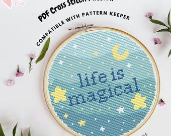 Life is Magical Cross Stitch Pattern, Pastel Color Cross Stitch, Blue Pastel Nursery Wall Art, Easy Cross Stitch, PDF Instant Download