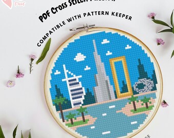 Dubai Cross Stitch Pattern, Dubai Embroidery Pattern, Travel Cross Stitch, Burj Khalifa, Burj Al Arab, Dubai Frame, Museum of the Future