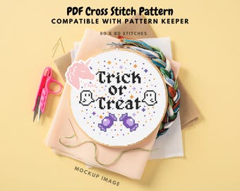 Trick or Treat Cute Ghost and Candy Halloween Cross Stitch Pattern