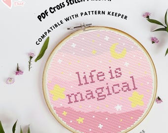 Life is Magical Cross Stitch Pattern, Pastel Color Cross Stitch, Pink Pastel Nursery Wall Art, PDF Instant Download