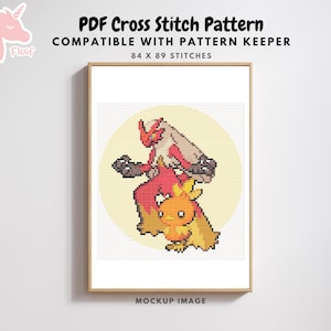 Może przedstawiać: Oprawiony wzór haftu krzyżykowego przedstawiający dwie pikselowane postacie w odcieniach czerwieni, pomarańczy i szarości, na żółtym okręgu. Tekst "PDF Cross Stitch Pattern" i "Compatible with Pattern Keeper" jest wyświetlany nad obrazem.